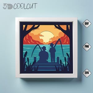 Vaderdag Shadow Box, Dad Fishing with Son 3D Shadow Box SVG, Cricut en Silhouette-compatibel, gelaagde papierkunst, 3D Dad and Son SVG