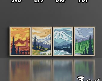 Caja de sombras SVG de montaña de las cuatro estaciones, recorte de papel de paisaje en capas 3D, decoración de pared de montaña estacional 3D, caja de luz de silueta de naturaleza de Cricut