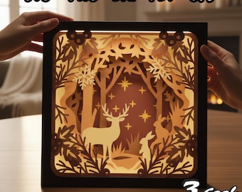 Christmas Forest 3D Shadow Box SVG, Winter Woodland Animals Layered Papercut, Deer and Rabbits Holiday Lightbox for Cricut and Silhouette