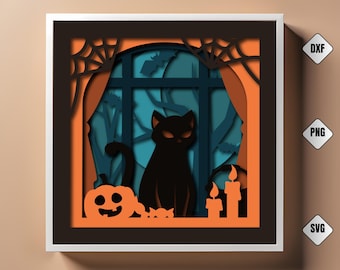 May include: A layered paper art piece featuring a black cat, jack-o'-lantern, and candles in a window scene. The artwork is framed in a white square with orange and teal accents, and a spiderweb design. The text "3D COOLCUT" is at the top.