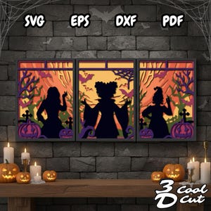 May include: A three-panel Halloween-themed wall art piece featuring silhouettes of witches, pumpkins, and bats. The artwork is layered with orange, purple, and black colors, with the words "SVG", "EPS", "DXF", and "PDF" at the top.