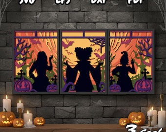 Caja de sombras de brujas SVG, caja de luz 3D espeluznante con capas, paneles de papel recortado 3D de Halloween con capas, escena de bruja continua para Cricut y Silhouette