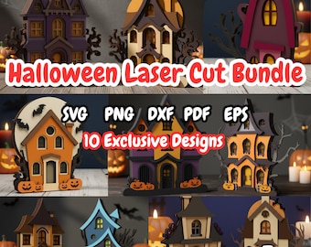 May include: A collection of ten laser-cut Halloween house designs in various colors, including purple, orange, and blue. The image includes the text "Halloween Laser Cut Bundle" and file type options: SVG, PNG, DXF, PDF, and EPS. The houses are decorated with pumpkins and spooky trees.