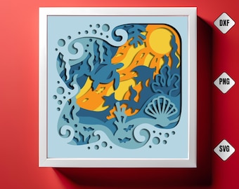 Sea Animal 3D Shadow Box SVG: Ocean Life Papercut Light Box Template