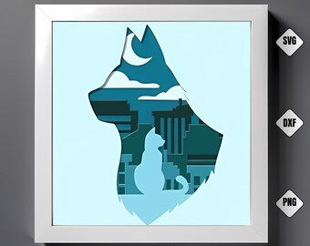 Kattenkop silhouet 3D Shadow Box SVG: kattenliefhebber decor (digitale bestanden)