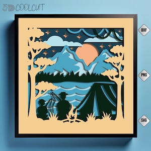 Vissen met papa 3D Shadow Box SVG, Vaderdagcadeau voor Cricut en Silhouette, papier gesneden papier meer scène, DIY lightbox voor papa
