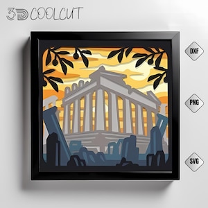 Athen Griechenland 3D-Schicht-Papierschnitt SVG, griechisches Wahrzeichen Schattenbox, Cricut und Silhouette-Datei, Athen-Dekor, Reise-Andenken-Kunst