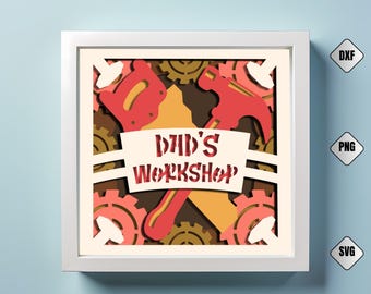 Dad's Workshop 3D Shadow Box SVG: klusjesman garage decor (digitaal bestand)