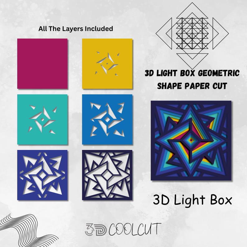 3D Light Box Geometric Shape Paper Cut SVG featuring abstract modern shapes in layered paper design, ideal for Cricut and Silhouette cutting machines. This geometric light box is perfect for minimalist wall decor, modern DIY projects, or creative gift making. Includes multiple file formats and separated layers for smooth crafting. A trendy and clean design for art lovers, modern home decoration, and crafters who enjoy precision paper cutting.