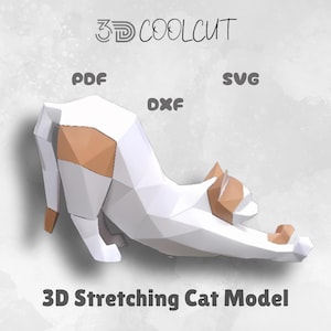 Modèle 3D de chat qui s'étire en papercraft, modèle de chat bricolage low poly pour Cricut et silhouette, projet d'artisanat en papier animal, idée cadeau déco