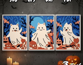 Ghost Shadow Box SVG, graziosi pannelli di carta tagliati a strati 3D di Halloween, spettrale fantasma 3D continuo, Light Box Art per Cricut e Silhouette
