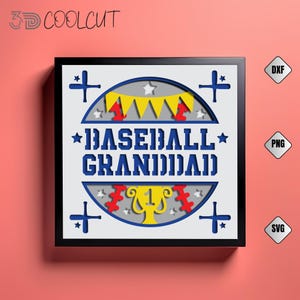 Scatola con ombra 3D "Nonno da baseball" in formato SVG, carta da taglio a strati con elementi sportivi, Cricut e Silhouette, decorazioni fai da te per la festa del papà, file SVG con arte del baseball