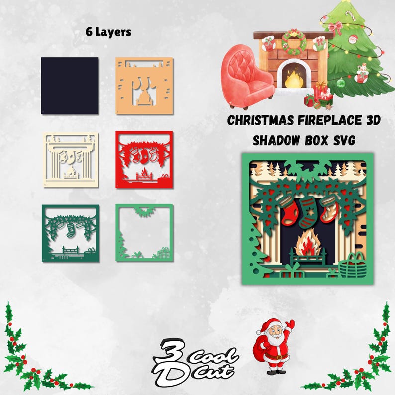 Christmas Fireplace Shadow Box SVG, 3D Layered Papercut With Stockings ...
