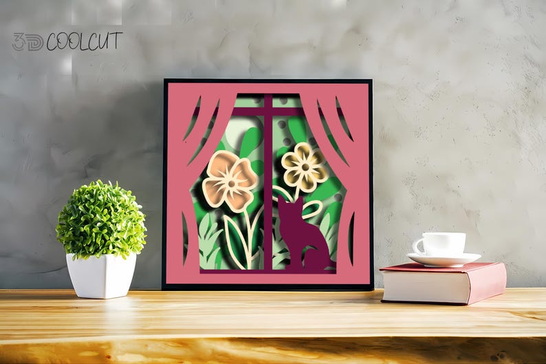 Layered 3D papercut shadow box showing a cute cat gazing through a spring window surrounded by flowers, leaves, and seasonal nature elements. Designed for Cricut, Silhouette, and other cutting machines, this DIY papercraft design is ideal for cat lovers, spring decorations, or handmade seasonal gifts. Beautifully detailed and easy to assemble, perfect for adding a warm spring vibe to any room.