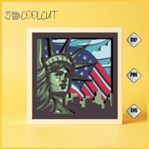 Caja de sombras 3D Liberty SVG, recorte de papel en capas con la bandera de EE. UU. y la Estatua de la Libertad, archivo patriótico de Cricut y Silhouette, decoración del 4 de julio