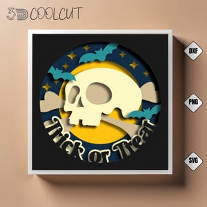 Trick or Treat Skull 3D Shadow Box SVG, Halloween Circle Layered Paper Cut, Spooky Bat Skull Decor SVG, DIY Cricut Light Box Design