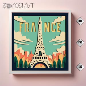 Torre Eiffel 3D con caja de sombras SVG, recorte de papel de monumento parisino, archivo para Cricut y Silhouette, decoración parisina, recuerdo de viaje, arte del horizonte de París