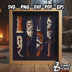 May include: A wooden framed artwork featuring four decorative knives with Halloween-themed designs. The knives include a clown, ghost, bat, and skeleton. The artwork includes the text "SVG PNG DXF PDF EPS" and the logo "3 Cool Cut".