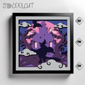 Halloween Witch Shadow Box SVG: Haunted Castle Papercut (8x8 inches, Digital Download)