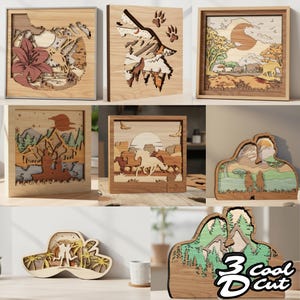 May include: A collection of wooden layered art pieces, each depicting nature scenes. The art includes images of wolves, landscapes, and couples, with a variety of colors and textures. Some pieces are framed, while others are free-standing.