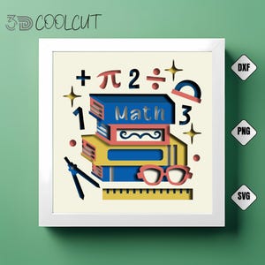 May include: A framed paper cutout featuring a stack of books with the word "Math" on the top book. The design includes math symbols, glasses, a ruler, and the text "3D COOLCUT".