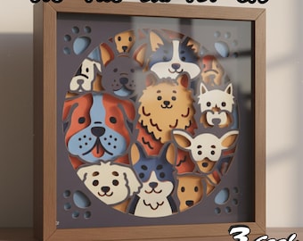 Colorful Puppies 3D Shadow Box SVG, Layered Dog Faces Papercut Design for Cricut and Silhouette, Cute Pet Lover Home Decor Lightbox