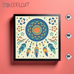 Può includere: Un'opera d'arte in carta a strati incorniciata con un design acchiappasogni. L'opera presenta un acchiappasogni centrale blu e arancione, circondato da motivi floreali e di piume nei toni del blu, arancione e giallo. La cornice è nera.