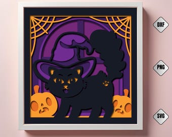 May include: A framed Halloween-themed paper art piece. The design features a black cat wearing a witch hat, with two orange jack-o'-lanterns and a purple background. The artwork is layered, creating a 3D effect. The text "3D COOLCUT" is at the top.