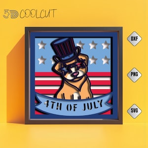 Scatola con ombra 3D in formato SVG per cuccioli del 4 luglio, carta tagliata a strati con cane patriottico, artigianato Cricut per il Giorno dell'Indipendenza, decorazioni USA per la cameretta dei bambini e per gli amanti degli animali.