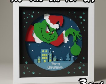 Mischievous Green Christmas Creature Shadow Box, 3D Festive Holiday Village Scene SVG, Winter Night Layered papercut Decoration DIY Craft