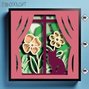 Layered 3D papercut shadow box showing a cute cat gazing through a spring window surrounded by flowers, leaves, and seasonal nature elements. Designed for Cricut, Silhouette, and other cutting machines, this DIY papercraft design is ideal for cat lovers, spring decorations, or handmade seasonal gifts. Beautifully detailed and easy to assemble, perfect for adding a warm spring vibe to any room.