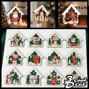 May include: Wooden Christmas ornaments in the shape of houses, featuring Santa Claus, bears, and other festive characters. The ornaments have a white roof and green accents, with a cutout design. The bottom row has the text "3 Cool Cut".