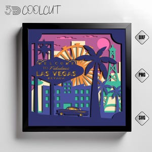 Scatola portaoggetti 3D in formato SVG con motivo Las Vegas Nevada, ritaglio di carta con simbolo della città, cartello "Benvenuti a Las Vegas", arte della Strip di Las Vegas, decorazioni luminose al neon, regali con scatola portaoggetti