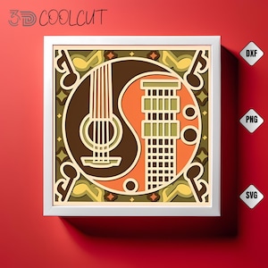 Guitarra Yin Yang 3D con caja de sombras, corte de papel SVG, decoración musical, arte en capas, archivo Cricut y Silhouette, bricolaje para amantes de la música