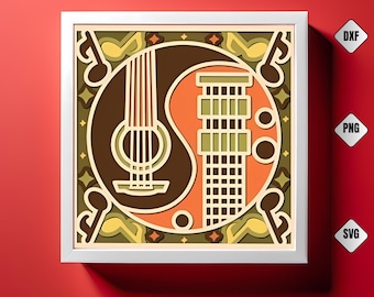 Yin Yang Guitar Shadow Box SVG: Layered Paper Cut File