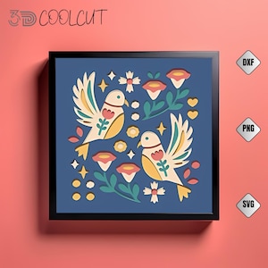 Bird Folk Art 3D Shadow Box SVG, compatibile con Cricut e Silhouette, arte su carta a strati, decorazioni primaverili fai da te, file di taglio con uccelli floreali, natura 3D SVG.