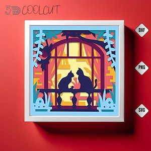 Cat Spring Window 3D Shadow Box SVG: Layered Paper Art