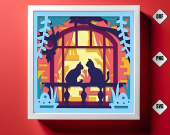 Cat Spring Window 3D Shadow Box SVG: Layered Paper Art