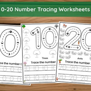 May include: Three white worksheets with number tracing exercises. The worksheets feature the numbers 0, 10, and 20, with dotted lines for tracing. The top banner reads "0-20 Number Tracing Worksheets". Each worksheet has illustrations of a tree or ants.