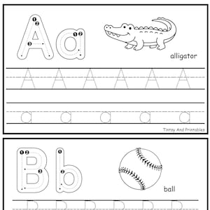 May include: Black and white printable worksheet for learning the alphabet. Features uppercase and lowercase letters A and B, with tracing guides. Includes illustrations of an alligator and a baseball, with the words "alligator" and "ball".
