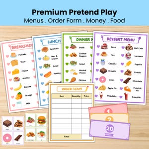 May include: A collection of pretend play food menus, order forms, and play money. The menus are for breakfast, lunch, dinner, and dessert, with illustrated food items. The play money includes bills for 1, 2, and 20.