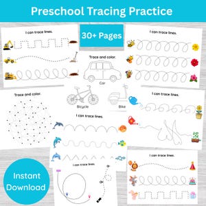 Peut inclure: Ensemble de feuilles d'exercices de traçage pour enfants d'âge préscolaire. Les pages présentent divers exercices de traçage, notamment des lignes, des formes et des images comme une voiture, un vélo et des animaux. Le texte "Preschool Tracing Practice" et "30+ Pages" sont visibles.