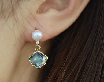 Handmade Gold Abalone Shell Earrings, Pearl and Diamond Ginkgo Leaf Drop Earrings, Unique Botanical Dangle Earrings, Artisan Gift for Her