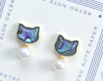 Cute Cat Earrings, Iridescent Abalone Shell and Pearl Drop Earrings, 925 Silver Gold Plated, Dainty Gift for Cat Lovers, Birthday Jewelry