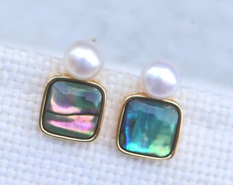 Abalone Earrings with Freshwater Pearls, Square Shell Studs, 14K Gold-Plated Copper, S925 Sterling Silver Posts, Coastal Gift
