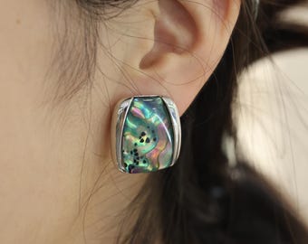 Abalone Shell Stud Earrings, Iridescent Natural Ocean Jewelry, Hypoallergenic Sterling Silver Post