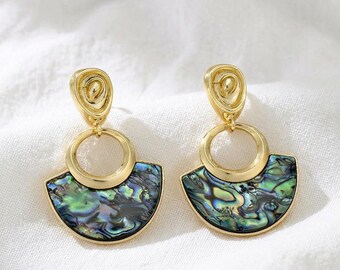 Abalone Shell Earrings, Gold Tone Teardrop and Hoop, Unique Natural Shell Statement Earrings, Handmade Boho Jewelry, Gift for Women