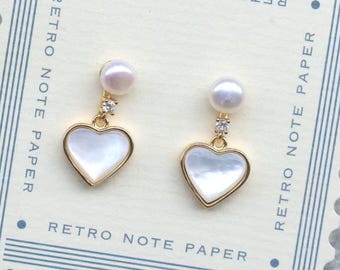 Mother of Pearl Heart Earrings with Freshwater Pearl, Gold Plated Pearl Drop Earrings, Romantic Anniversary Gift for Her