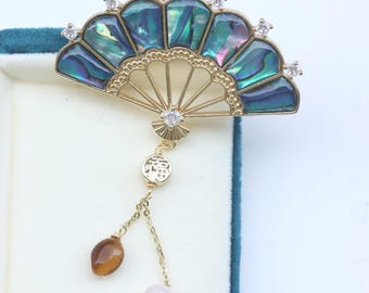 Abalone Shell Fan Brooch with Freshwater Pearl Drop, Vintage Statement Pin, Ocean Jewelry Gift for Her