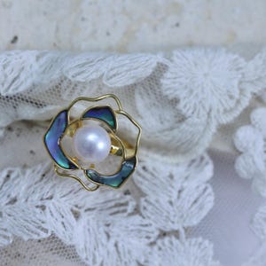 Gold Abalone Shell Ring with Pearl Accent, Handmade Camellia Floral Ring, Styling Jewelry